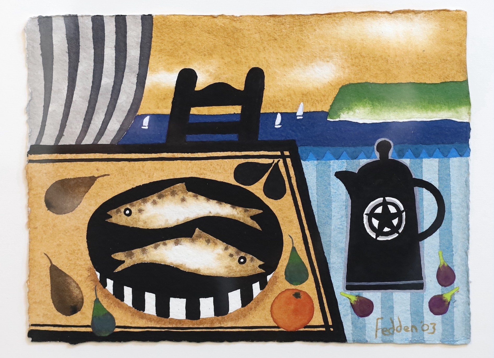 Mary Fedden (1915-2012), Tabletop still life with a coastal view beyond, watercolour, 16 x 21cm.